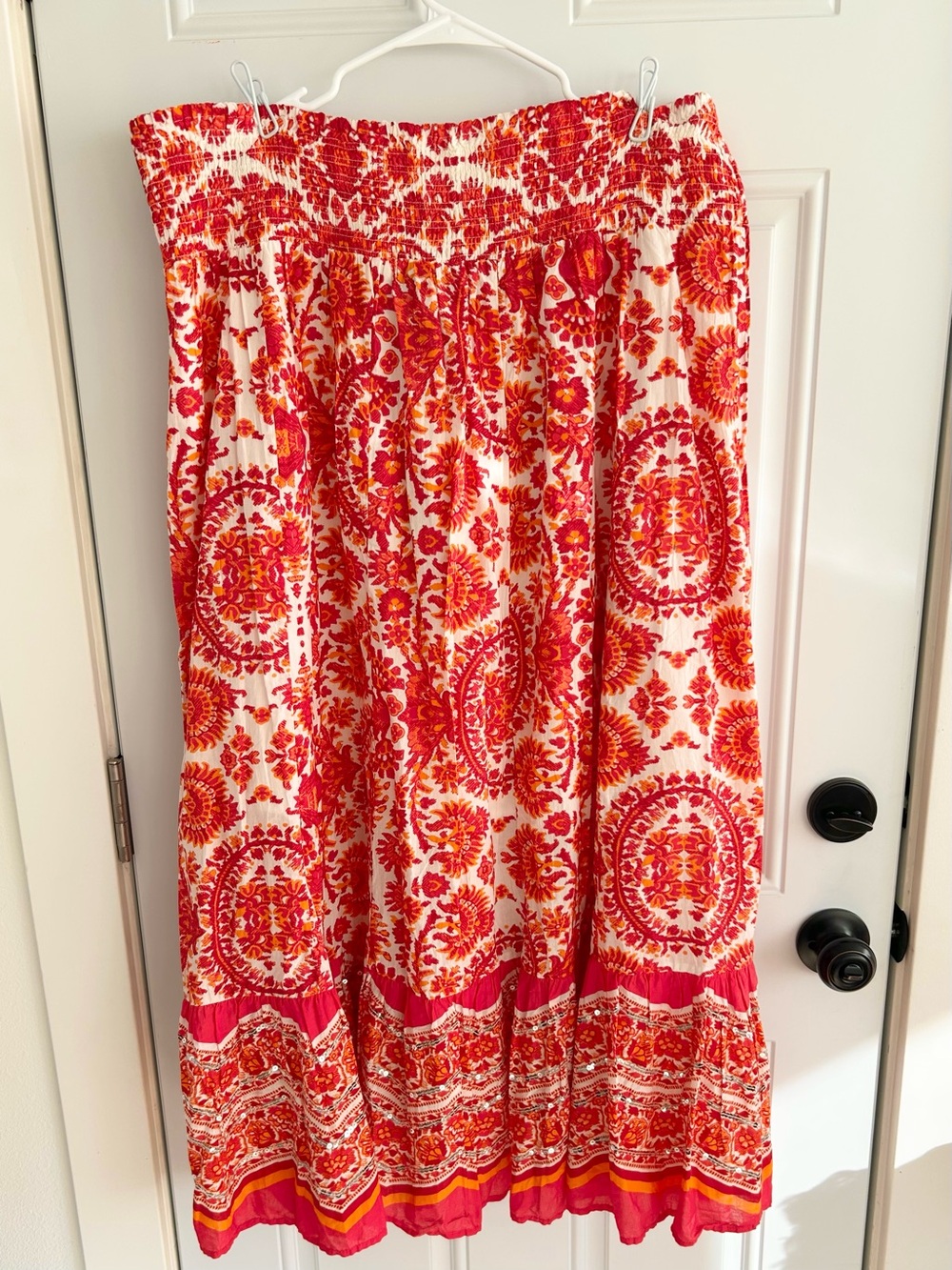 Smocked Waist Maxi Skirt in Red and Orange Paisley Lane Bryant Plus 18/20